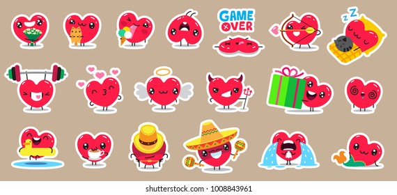 Set of patch badges and stickers with cute hearts characters. Vector design.