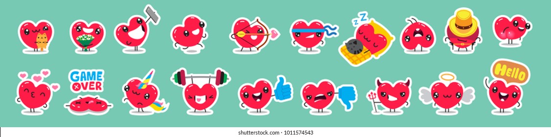 Set of patch badges and stickers with cute hearts characters. Vector design.