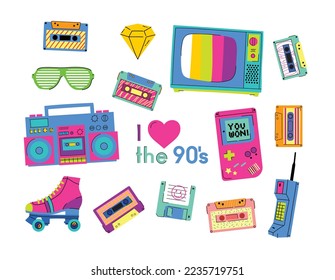 Set of the patch Badges with tape recorder, cassette, rolls, tv and sheet music. Pop art elements on a white background