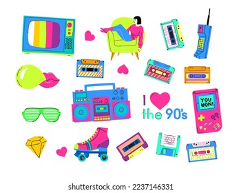 Set of the patch Badges with tape recorder, cassette, rolls, tv and sheet music. Pop art elements on a white background