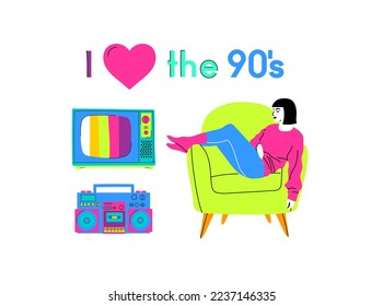 Set of the patch Badges with tape recorder, cassette, rolls, tv and sheet music. Pop art elements on a white background