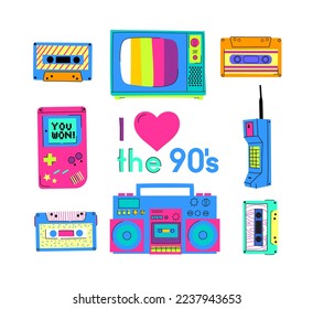 Set of the patch Badges with tape recorder, cassette, rolls, tv and sheet music. Pop art elements on a white background