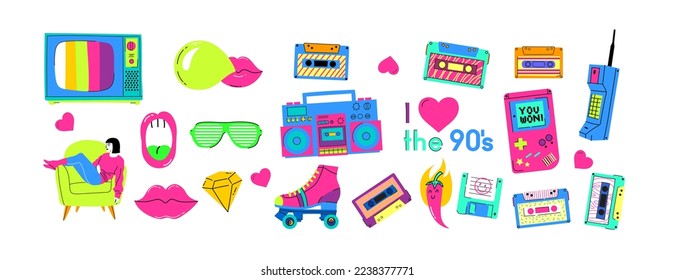 Set of the patch Badges with tape recorder, cassette, rolls, tv and sheet music. Pop art elements on a white background