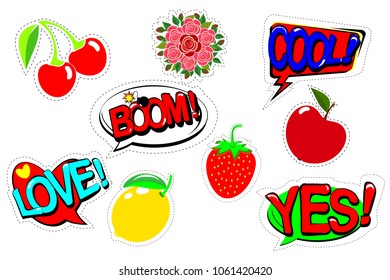 Set patch comic badges. Hand drawn vector cartoon funny pop art stickers. Modern doodle sketch and inscriptions. Isolated on white background. Vector illustration