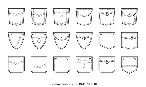 Juego de iconos de bolsillo para los pantalones del denim y otras prendas de vestir. Ilustración vectorial de línea aislada sobre fondo blanco