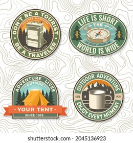 Set of patch or sticker with travel inspirational quotes. Vector. Concept for shirt or logo, print, stamp or tee. Design with retro backpack, camping tent, compass and mug silhouette Camping quote.