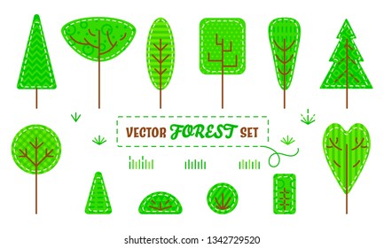 Set of patch stylized forest plants: trees, bushes and grass isolated on white background. Concept for childish or eco design. Flat style. Vector 10 EPS illustration.