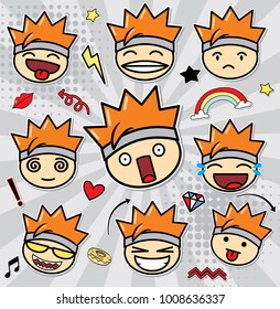 Set of patches cartoon faces expressions and elements with halftone shadows