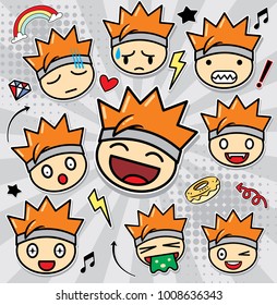 Set of patches cartoon faces expressions and elements with halftone shadows