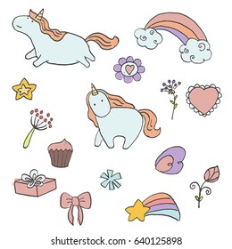 Set of patches comic style. Collection cartoon art with a unicorns. Birthday party elements. Hand drawn vector illustration.