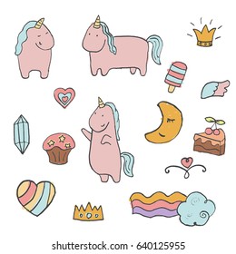 Set of patches comic style. Collection cartoon art with a unicorns. Birthday party elements. Hand drawn vector illustration.