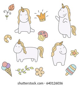 Set of patches comic style. Collection cartoon art with a unicorns. Birthday party elements.