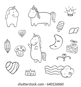 Set of patches comic style. Collection cartoon art with a unicorns. Birthday party elements. Hand drawn vector illustration. Black and white vector artwork.