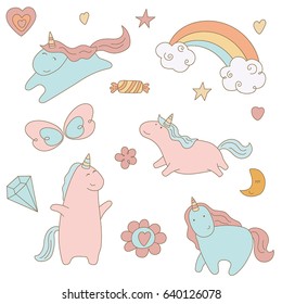 Set of patches comic style. Collection cartoon art with a unicorns. Birthday party elements.