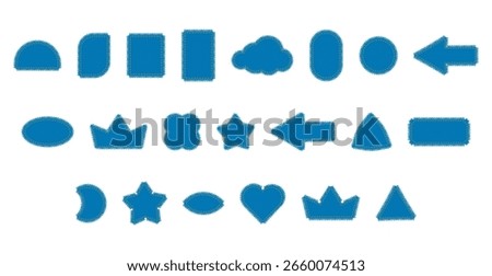 Set of Patches denim shape with stitches seam torn Frayed edges jeans label fashion illustration. Flat apparel blue color template isolated on white background