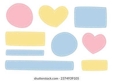 Mit gepunkteter Linie können Sie Patches verschiedener Formen festlegen. Pastellvorlagen, Platz für Text- oder Fotorahmen. Dekorative Vektorelemente einzeln auf weißem Hintergrund. Blaue und rosafarbene Pflaster.