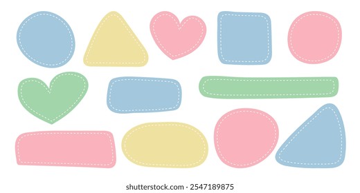 Set patches of different shapes with dotted line. Blue, pink, yellow, green dotted patches. Pastel templates, place for text or photo frames. Vector elements isolated on white background. 