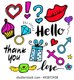 Set of patches elements: lips, heart, flower, diamond ring, star, key, lock, gift, gender signs, cupcake, lettering: hello, love, thank you. Hand draw fashion stickers. Vector.