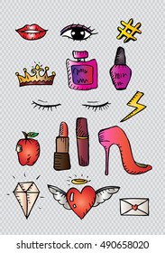  Set of  patches elements with lips, hearts, cute girl and other elements. 