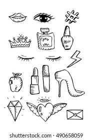  Set of  patches elements with lips, hearts, cute girl and other elements. 