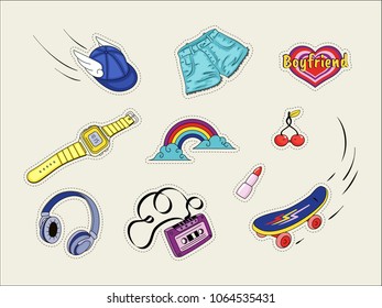 Set of patches with fashion badges retro style icons 80s, isolated on white