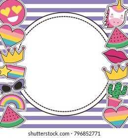 set of patches or round badge cute cartoon stripes background
