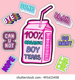 Set of patches, stickers, badges, pins with "100% Organic Boy Tears" bags or containers and various sassy words and phrases (Bye, LOL, Nope, Done, etc). Cute pink girlish illustration. 