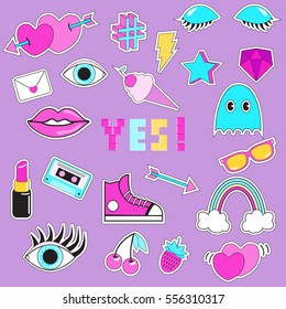 Set of patches, stickers, badges, pins with eye, lips, ice-cream, phrase "Yes", hearts, mixtape, pac man, rainbow, arrow, star, lightning, strawberry, cherry, sneakers, gemstone. Style of 80s-90s.