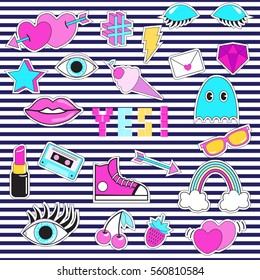 Set of patches, stickers, badges, pins with eye, lips, ice-cream, phrase "Yes", hearts, mixtape, pac man, rainbow, arrow, star, lightning, strawberry, cherry, sneakers, gemstone. Style of 80s-90s.