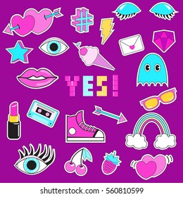 Set of patches, stickers, badges, pins with eye, lips, ice-cream, phrase "Yes", hearts, mixtape, pac man, rainbow, arrow, star, lightning, strawberry, cherry, sneakers, gemstone. Style of 80s-90s.