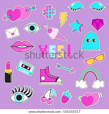 Set of patches, stickers, badges, pins with eye, lips, ice-cream, phrase 