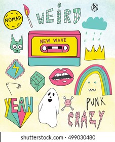 Set of patches or stickers punk elements. Hand drawn
