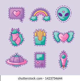 set patches of unicorn with icons