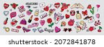 Set of patches for Valentine's day isolated on white background. Fun badges in retro style. Vector pictures: hearts, lips, gifts, cosmetics, lipstick, perfume, flowers, cupid.