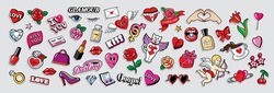 Set Of Patches For Valentine's Day Isolated On White Background. Fun Badges In Retro Style. Vector Pictures: Hearts, Lips, Gifts, Cosmetics, Lipstick, Perfume, Flowers, Cupid.