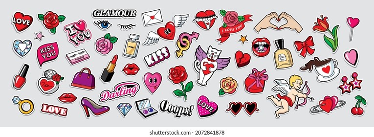 Set of patches for Valentine's day isolated on white background. Fun badges in retro style. Vector pictures: hearts, lips, gifts, cosmetics, lipstick, perfume, flowers, cupid.