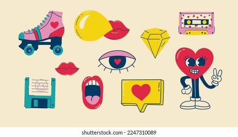 Set of patches for Valentine's day isolated on the background. Fun badges in retro style. Vector pictures of hearts, lips, gifts and other