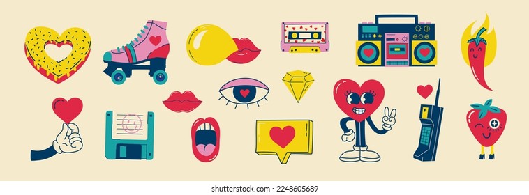 Set of patches for Valentine's day isolated on the background. Fun badges in retro style. Vector pictures of hearts, lips, gifts and other