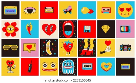 Set of patches for Valentine's day isolated on the background. Fun badges in retro style. Vector pictures of hearts, lips, gifts and other