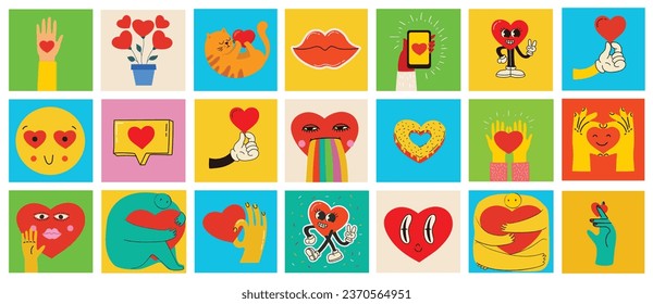 Set of patches for Valentine's day isolated on the background. Fun badges in retro style. Vector pictures of hearts, lips, gifts and other