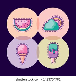 set patches of watermelon fruit and icons