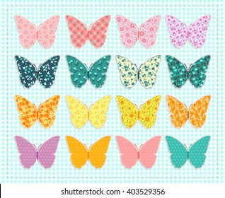 Set of patchwork butterflies. Set of cute stickers with silhouette butterfly.