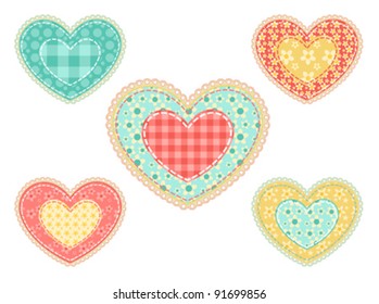 Set of  patchwork five hearts. Vector illustration.