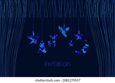 Set of  patchwork holiday toys and serpentine. Bright deer, new year tree, star, angel, moon. New Year theme. Vector elements to create your own card, print, poster, invitation card.