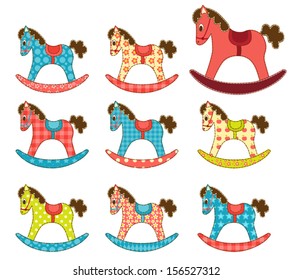 Set of patchwork horses. Template for your design. Isolated on white. Cartoon vector illustration.