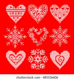 Set patchwork knitted with a New Year snowflake motif. Christmas background. Vector