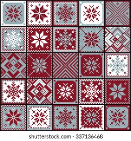 Set patchwork knitted with a New Year's snowflake motif. Christmas background. 