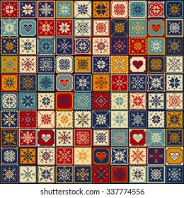 Set patchwork knitted with a New Year's snowflake motif. Christmas background. Pop art.