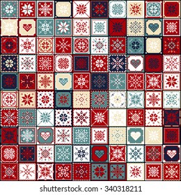 Set patchwork knitted with a New Year's snowflake motif. Christmas background.