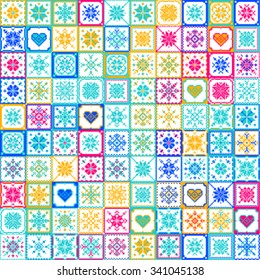 Set patchwork knitted with a New Year's snowflake motif. Christmas background.